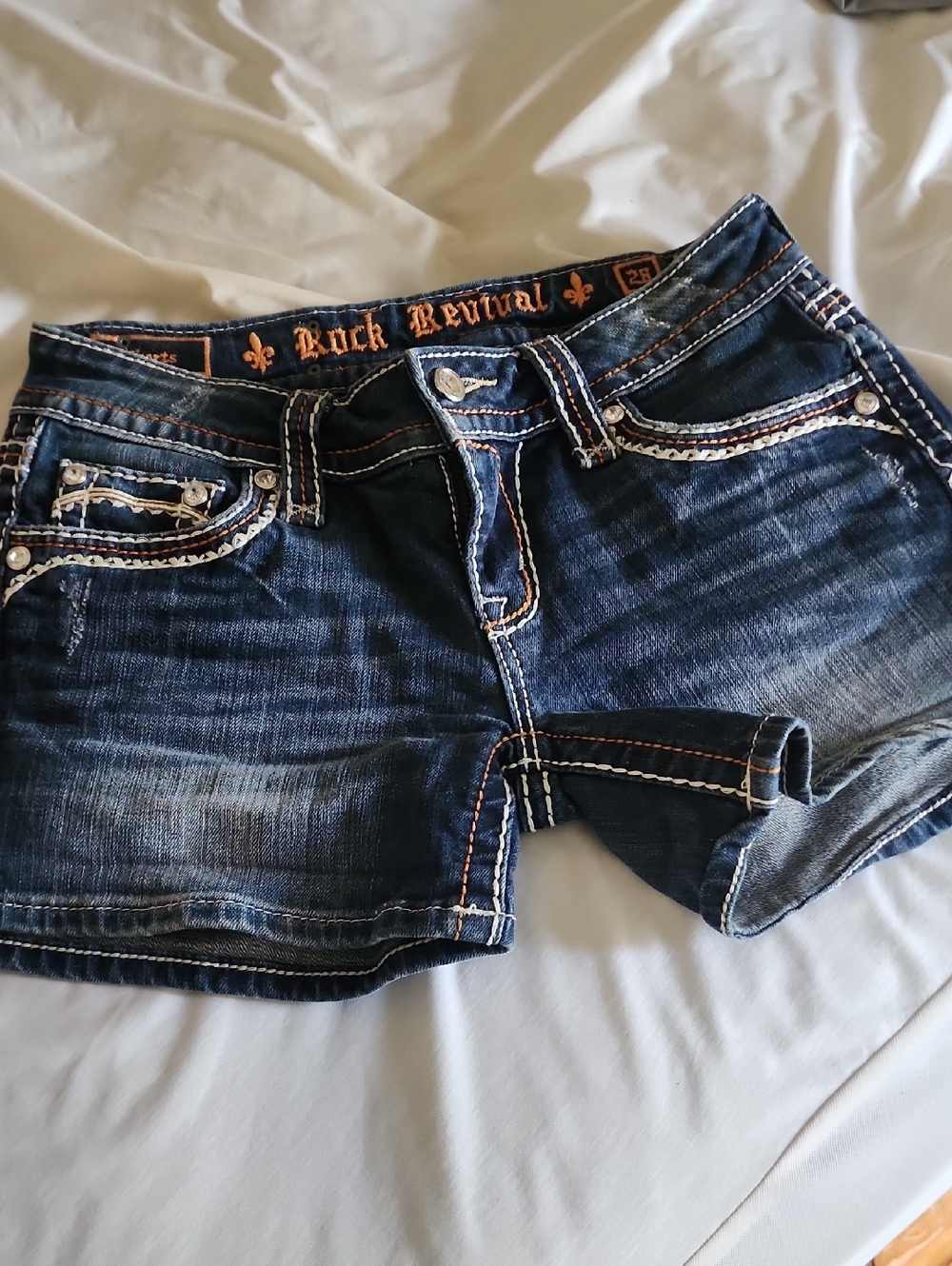 Rock Revival Blue Denim Low-Rise Embroidered Trim Shorts